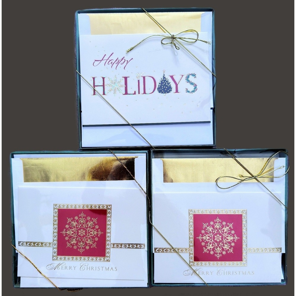 3 Boxes - 54 Deluxe Red Gold Snowflake Merry Christmas Cards Lined Envelopes NOS